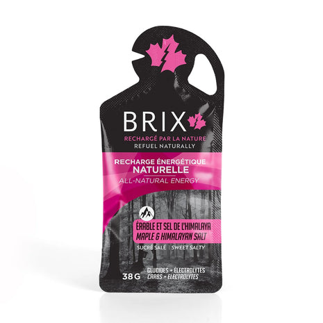 Energy Gel - Himalayan Salt by Brix in black and pink pouch, natural energy gel with maple syrup and Himalayan salt for endurance running and nutrition