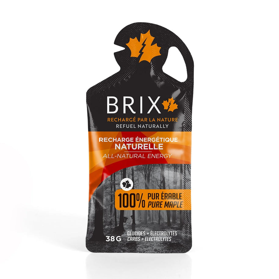 Energy Gel - Maple by Brix in black and orange pouch with pure maple syrup natural energy gel for endurance sports and running nutrition