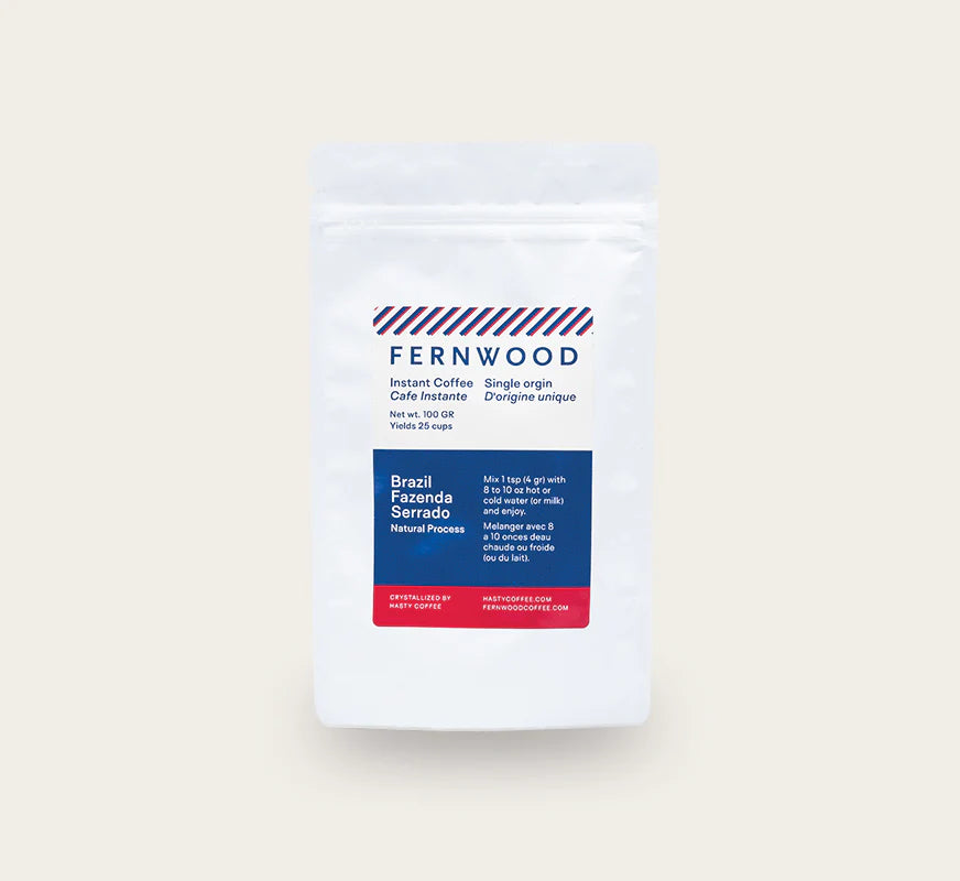 Instant Coffee by Fernwood in white packaging with blue and red label, single origin Brazil, pure crystallized coffee solids, Canada-made