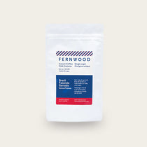 Instant Coffee by Fernwood in white packaging with blue and red label, single origin Brazil, pure crystallized coffee solids, Canada-made