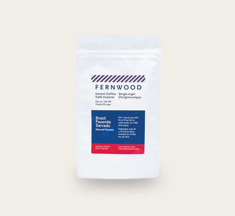 Instant Coffee by Fernwood in white packaging with blue and red label, single origin Brazil, pure crystallized coffee solids, Canada-made