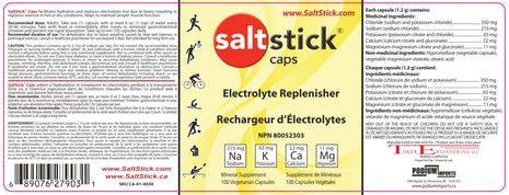 Saltstick Capsules 100-CT by Saltstick in white and orange bottle, electrolyte supplement replacing lost minerals for endurance and running