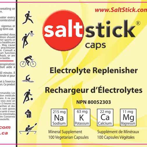 Saltstick Capsules 100-CT by Saltstick in white and orange bottle, electrolyte supplement replacing lost minerals for endurance and running