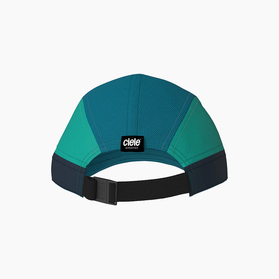 ALZCap SC - C Plus by Ciele in blue and green with adjustable strap, COOLmatic mesh for breathability, low profile running cap ideal for outdoor use