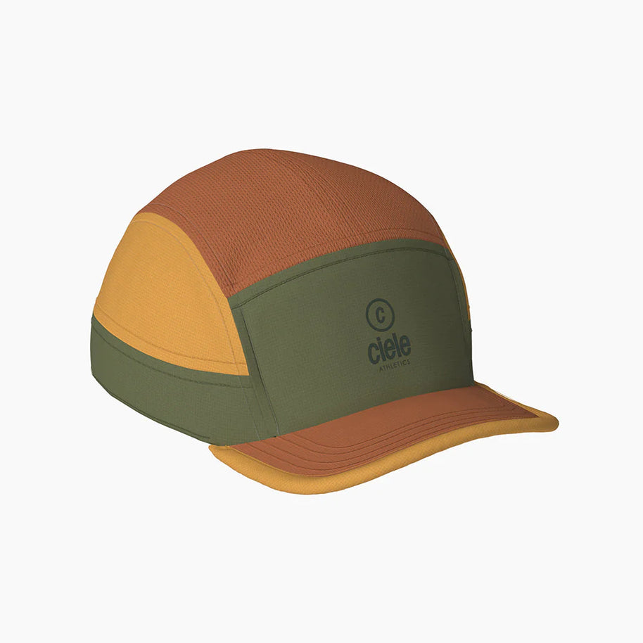 ALZCap SC - C Plus by Ciele in brown, yellow, and green with COOLmatic mesh for breathable, fitted running cap from Canadian running store