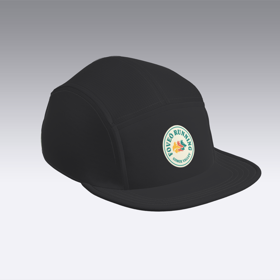 Foveō Running CLB Cap by Ciele Athletics in black with reflective, lightweight, breathable COOLmatic mesh, machine washable cap ideal for running and outdoor use
