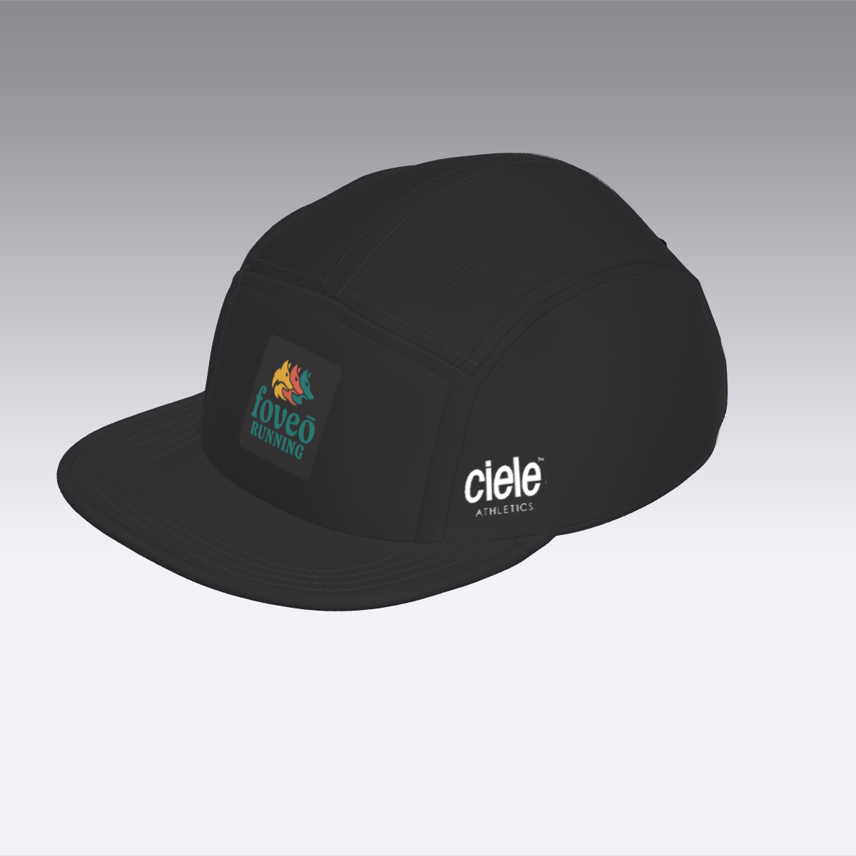 Foveō Running CLB Cap by Ciele Athletics in black, lightweight, reflective, breathable COOLmatic mesh, packable running headwear ideal for outdoor use