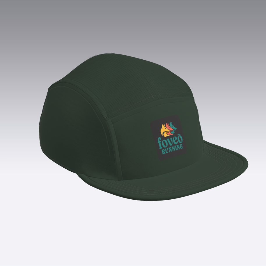 Foveō Running CLB Cap by Ciele Athletics in dark green, lightweight, reflective, packable running cap with breathable COOLmatic mesh ideal for trail running and outdoor use