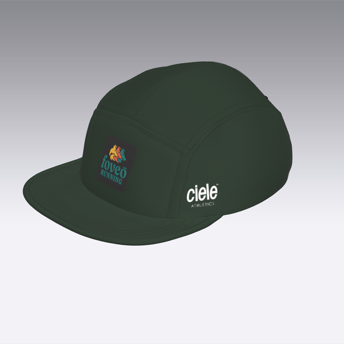 Foveō Running CLB Cap by Ciele Athletics in dark green, lightweight, reflective, breathable mesh, machine washable running cap ideal for outdoor use