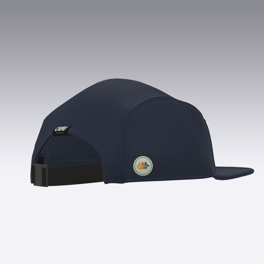 Foveō Running CLB Cap by Ciele Athletics in navy blue, lightweight, reflective, breathable mesh, machine washable, packable for running and outdoor use