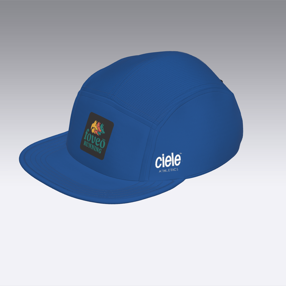 Foveō Running CLB Cap by Ciele Athletics in blue, lightweight, reflective, breathable running cap with COOLmatic mesh, packable and machine washable