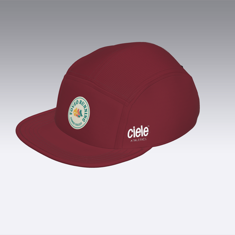 Foveō Running CLB Cap by Ciele Athletics in deep red, lightweight reflective running cap with breathable COOLmatic mesh, packable and machine washable for outdoor use