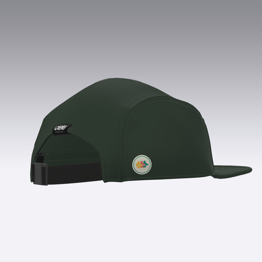 Foveō Running CLB Cap by Ciele Athletics in dark green, lightweight reflective running cap with breathable COOLmatic mesh, packable and machine washable