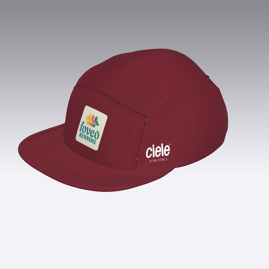 Foveō Running CLB Cap by Ciele Athletics in maroon with reflective, lightweight, breathable COOLmatic mesh, packable running headwear