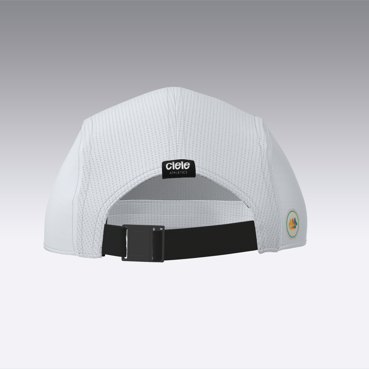 Foveō Running CLB Cap by Ciele Athletics in white with black strap, lightweight, reflective, COOLmatic mesh, machine washable running cap