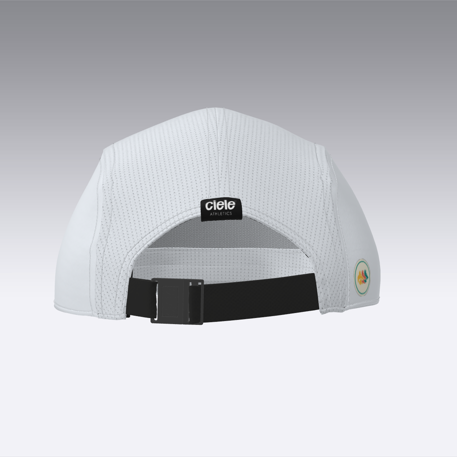 Foveō Running CLB Cap by Ciele Athletics in white with black strap, lightweight, reflective, COOLmatic mesh, machine washable running cap