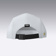 Foveō Running CLB Cap by Ciele Athletics in white with black strap, lightweight, reflective, COOLmatic mesh, machine washable running cap