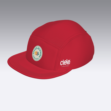 Foveō Running CLB Cap by Ciele Athletics in red, lightweight, reflective, breathable COOLmatic mesh, packable running cap for outdoor use