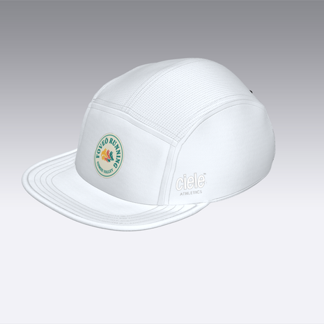 Foveō Running CLB Cap by Ciele Athletics in white with reflective, lightweight, breathable mesh, packable for running and outdoor use