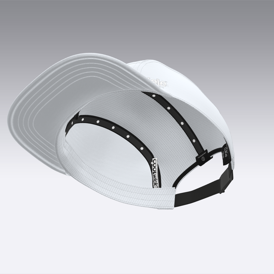 Foveō Running CLB Cap by Ciele Athletics in white, lightweight, reflective, breathable COOLmatic mesh, packable, machine washable for running