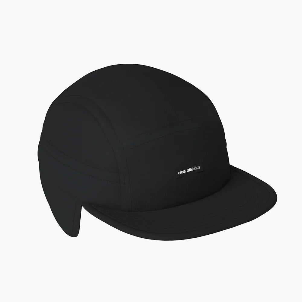 FLTCap WND - Ultra Iconic by Ciele in black, insulated headwear with fold-away ear flaps for cold weather running in Canada