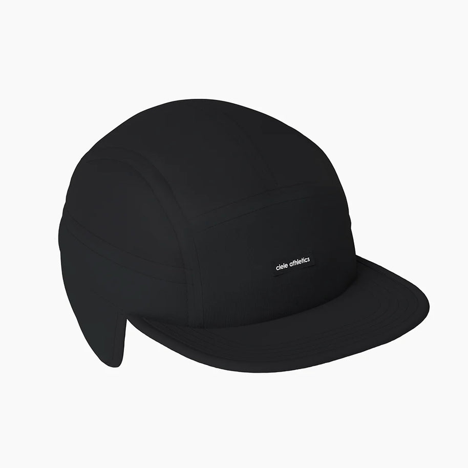 FLTCap WND - Ultra Iconic by Ciele in black, insulated headwear with fold-away ear flaps for cold weather running in Canada