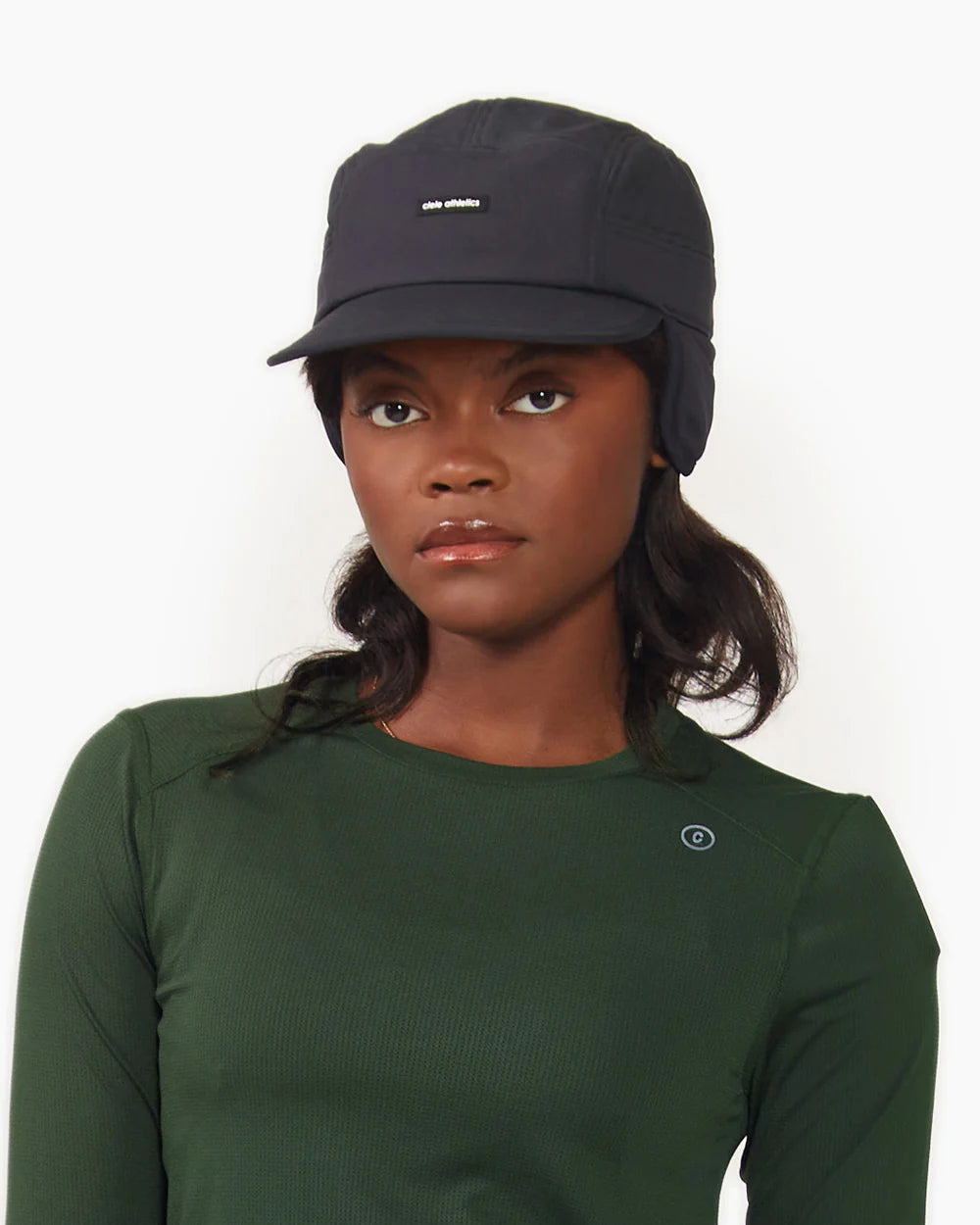 FLTCap WND - Ultra Iconic by Ciele in black with fold away ear flaps, cold weather headwear for running in Canada