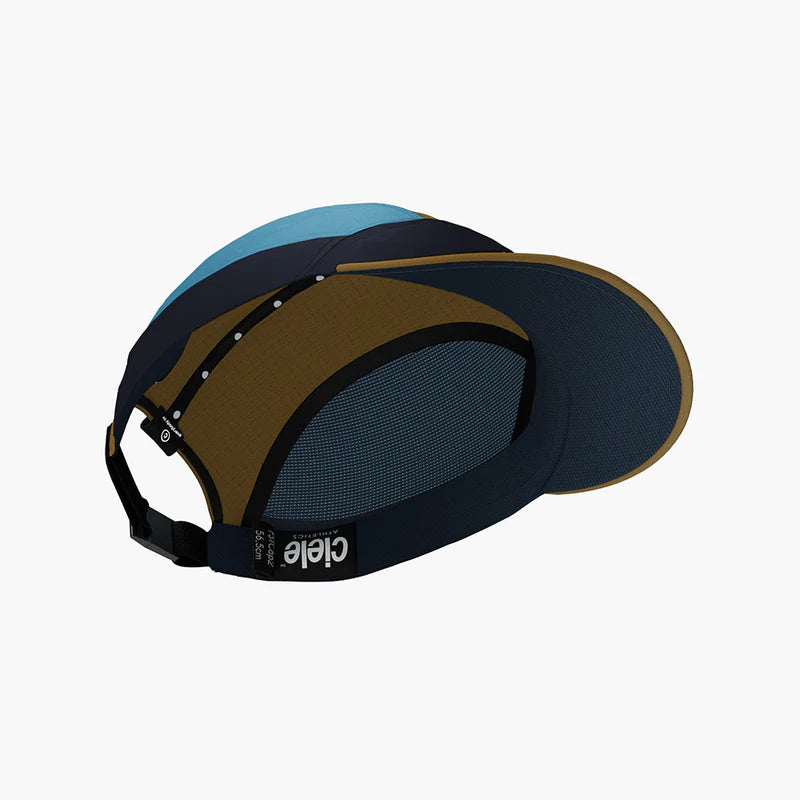 FSTCap SC - ZOF by Ciele in blue and brown, low profile cycling-inspired brim cap for men and women, lightweight headwear ideal for running and outdoor use in Canada