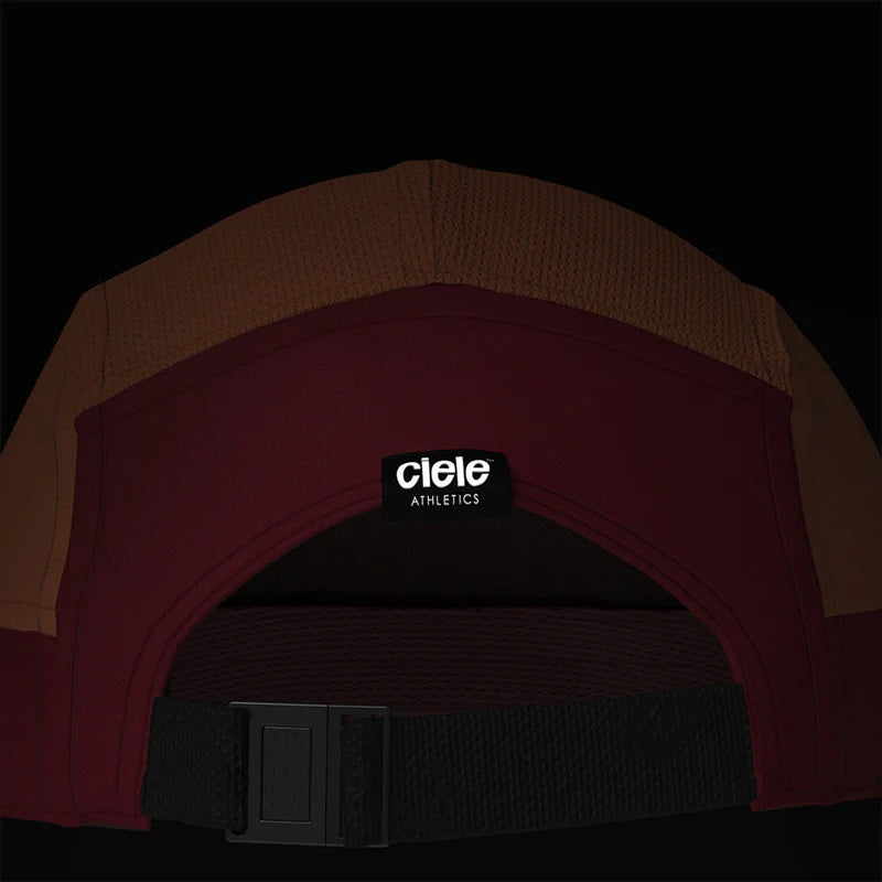 GOCap - C Plus Box by Ciele in brown and maroon, lightweight soft brim run cap with reflective detail, machine washable for running and outdoor use