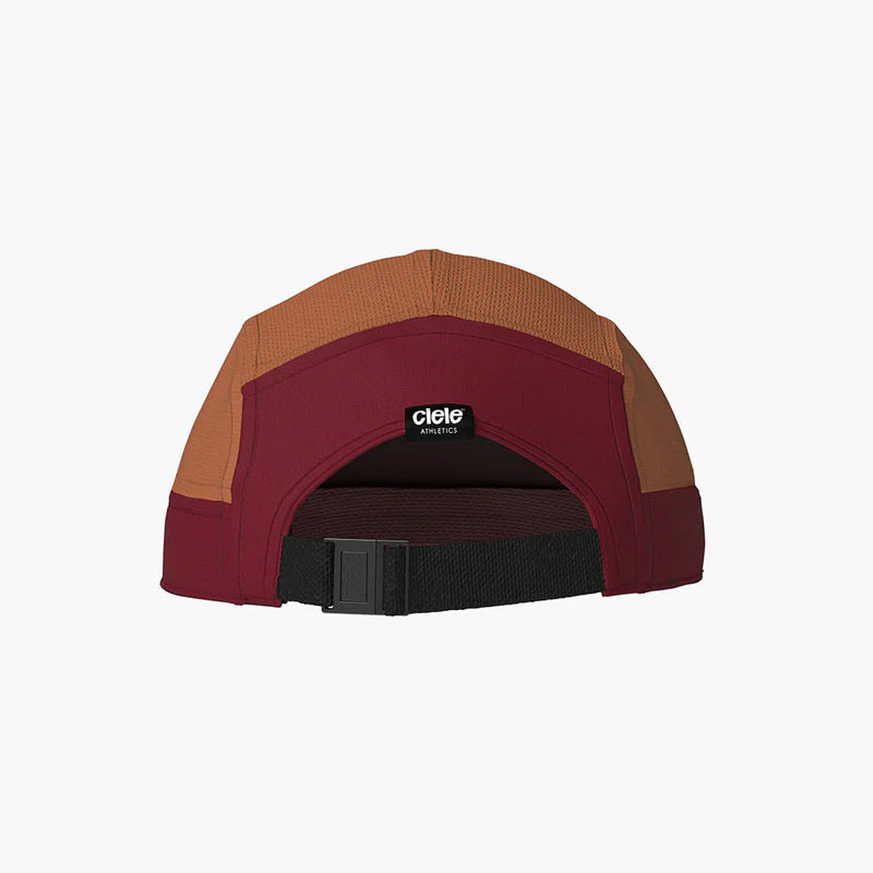 GOCap - C Plus Box by Ciele in rust and burgundy, lightweight soft brim run cap with reflective details for running and outdoor use