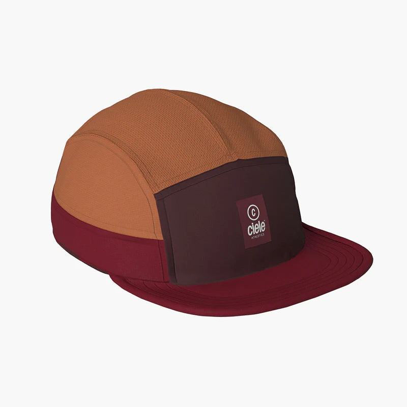 GOCap - C Plus Box by Ciele in brown and dark red lightweight soft brim running cap with reflective elements, machine washable ideal for running