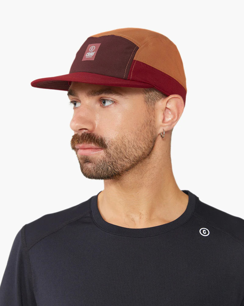 GOCap - C Plus Box by Ciele in burgundy and brown, lightweight soft brim running cap, reflective and machine washable, ideal for running and races