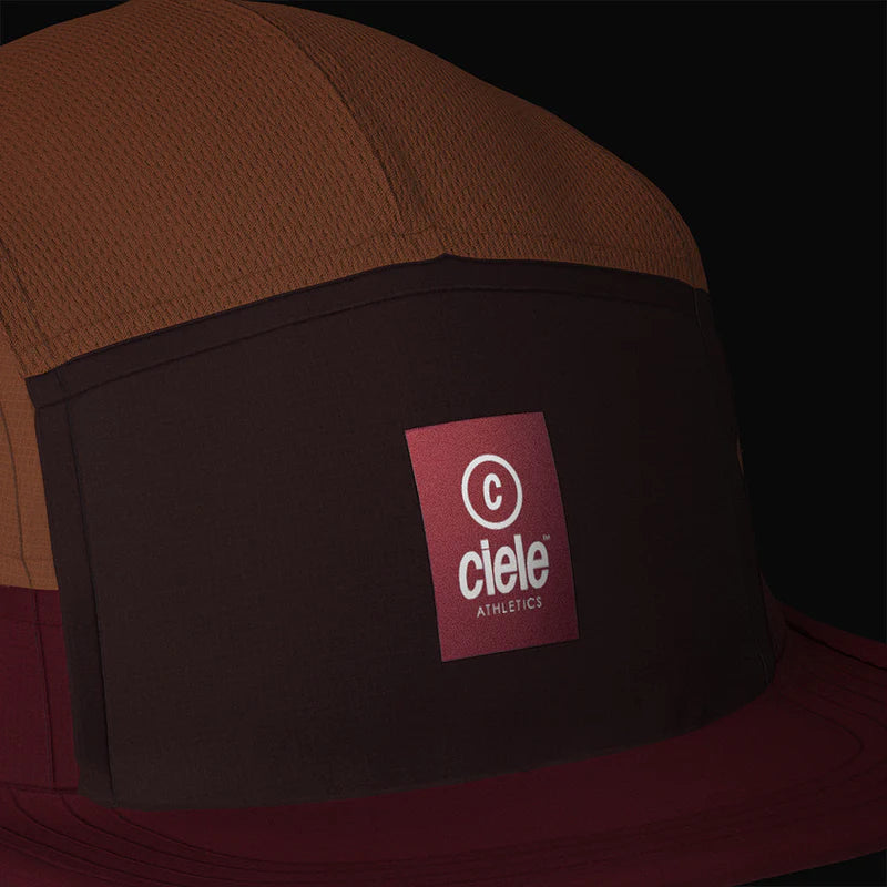 GOCap - C Plus Box by Ciele in brown and dark red lightweight soft brim running cap with reflective, machine washable fabric for running and races