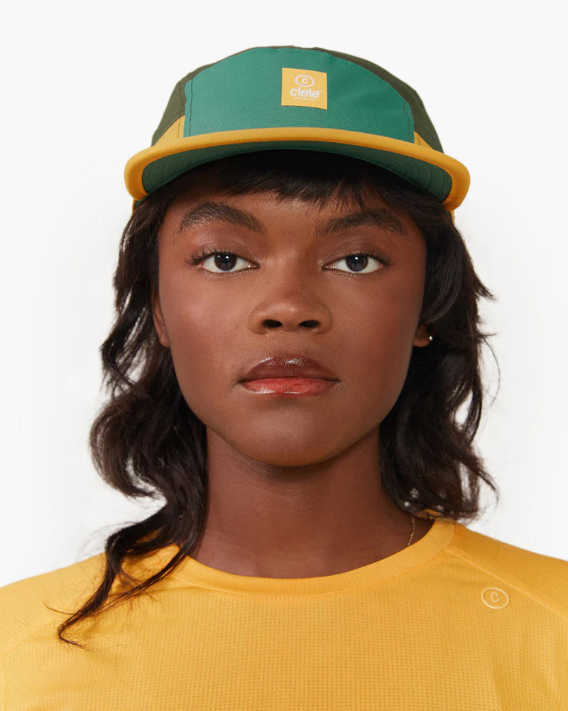 GOCap - C Plus Box by Ciele in green and yellow soft brim run cap, lightweight, reflective, machine washable for running and outdoor use in Canada