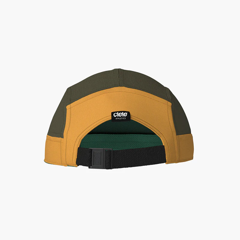 GOCap - C Plus Box by Ciele in green and mustard, lightweight soft brim running cap with reflective design, machine washable, ideal for running in Canada