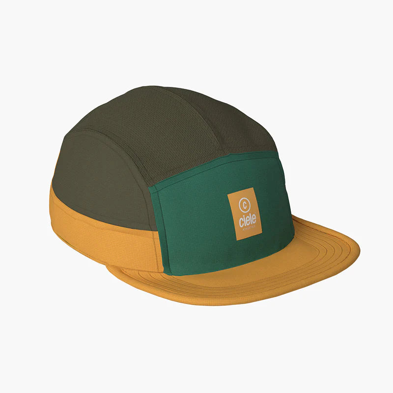GOCap - C Plus Box by Ciele in green, olive, and mustard, lightweight soft brim running cap with reflective, machine washable fabric ideal for running and outdoor use