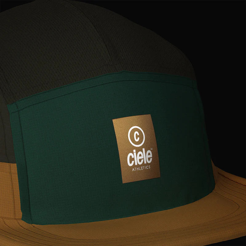 GOCap - C Plus Box by Ciele in brown and dark green, lightweight soft brim run cap with reflective details, machine washable for running use