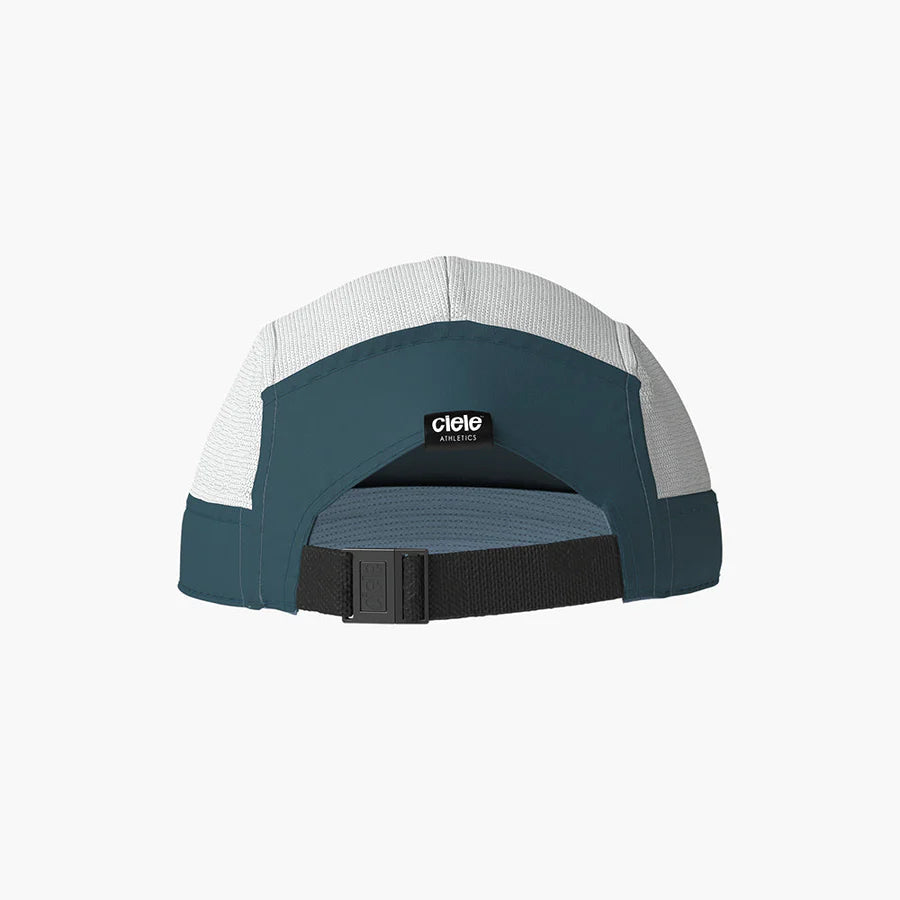 GOCap Carbon - Speed Play by Ciele in white and dark teal with carbon fiber COOLmatic|EXP for temperature control and odor resistance in running headwear