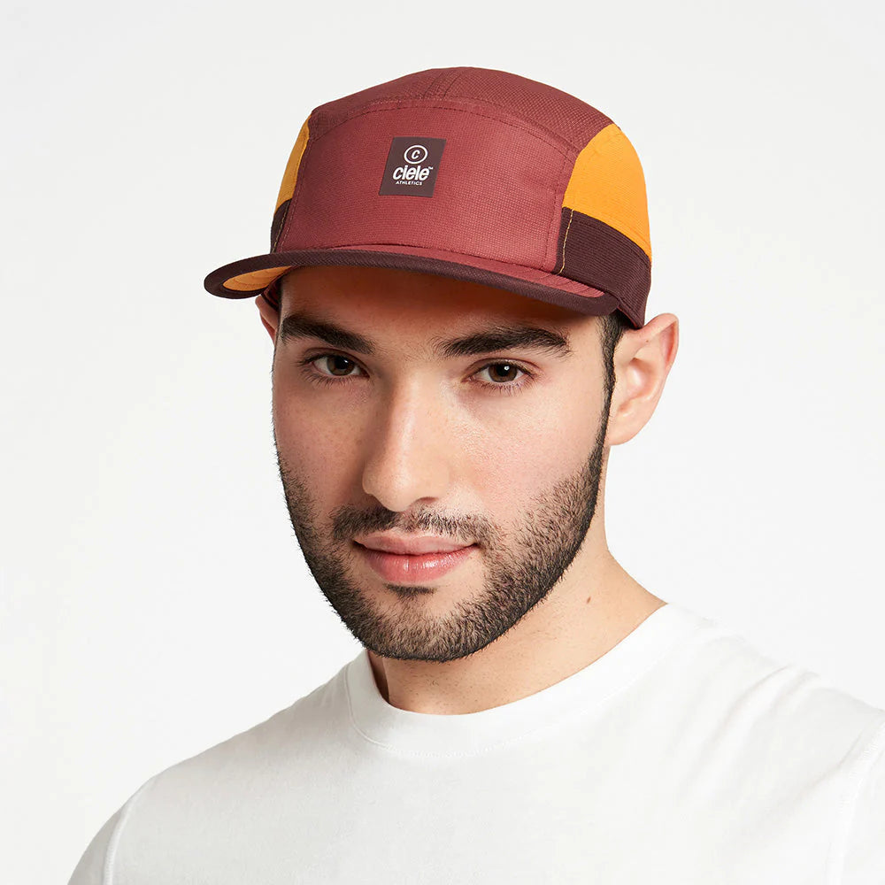 GOCap SC - C Plus Box by Ciele in maroon and yellow with SOFTcurve pre-curved brim for long distance running comfort and sun protection