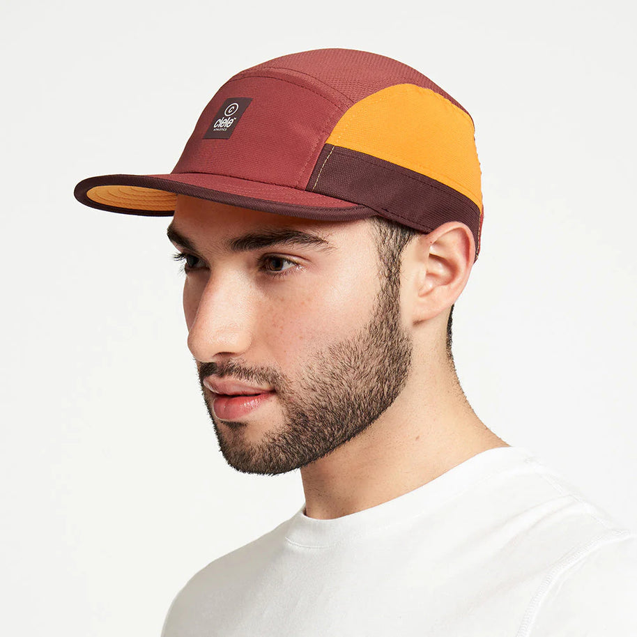 GOCap SC - C Plus Box by Ciele in dark red, mustard yellow and brown with SOFTcurve brim for long distance running comfort
