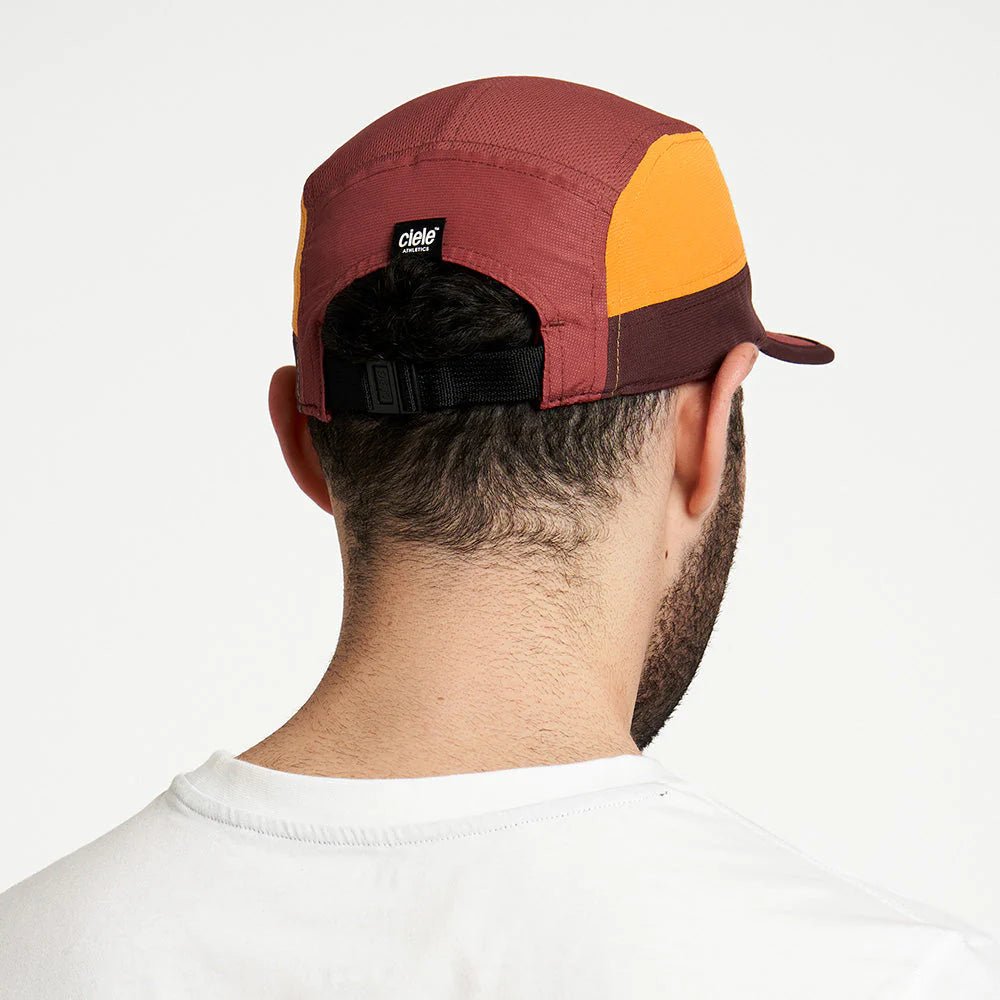 GOCap SC - C Plus Box by Ciele in maroon, orange, and brown with SOFTcurve brim, lightweight headwear for running and outdoor use