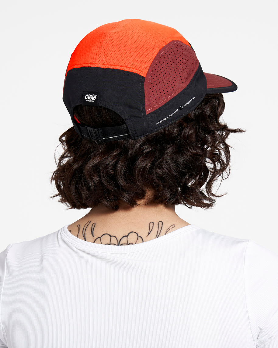 GOCap SC - Decade by Ciele in orange, black, and burgundy with SOFTcurve brim for long-distance comfort and sun protection