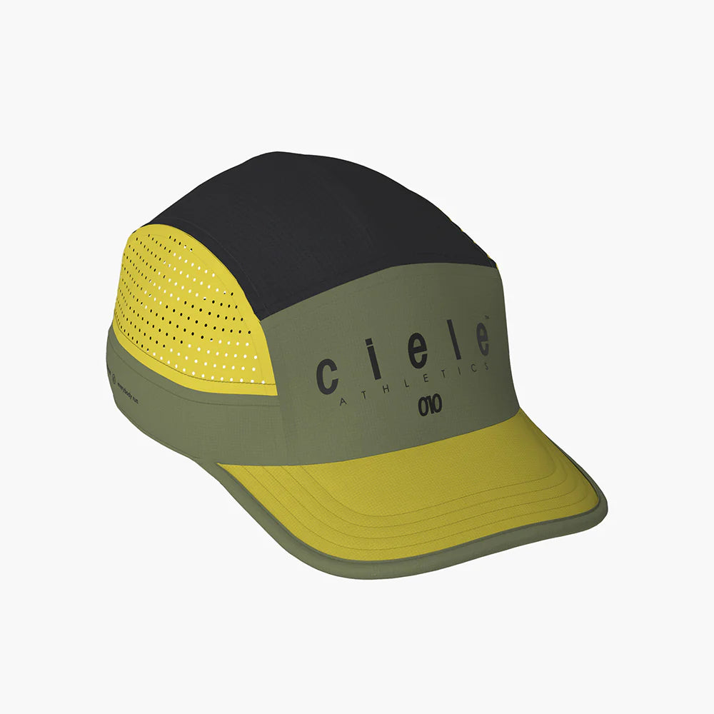 GOCap SC - Decade by Ciele in black, olive, and yellow with SOFTcurve brim designed for long-distance running comfort and performance