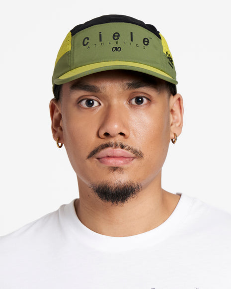 GOCap SC - Decade by Ciele in olive green and yellow with SOFTcurve brim, lightweight running cap for long-distance comfort and sun protection