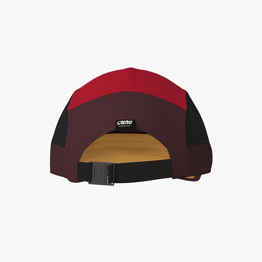 GOCap SC - Iconic Pyramid by Ciele in red, black, and brown with SOFTcurve brim, lightweight headwear for running and outdoor protection