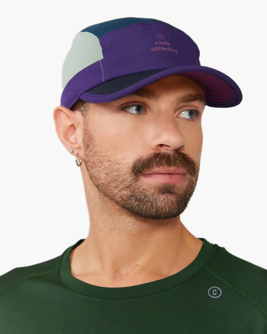 GOCap SC - Iconic Pyramid by Ciele in purple, navy, and light grey with SOFTcurve brim for long-distance running comfort and sun protection