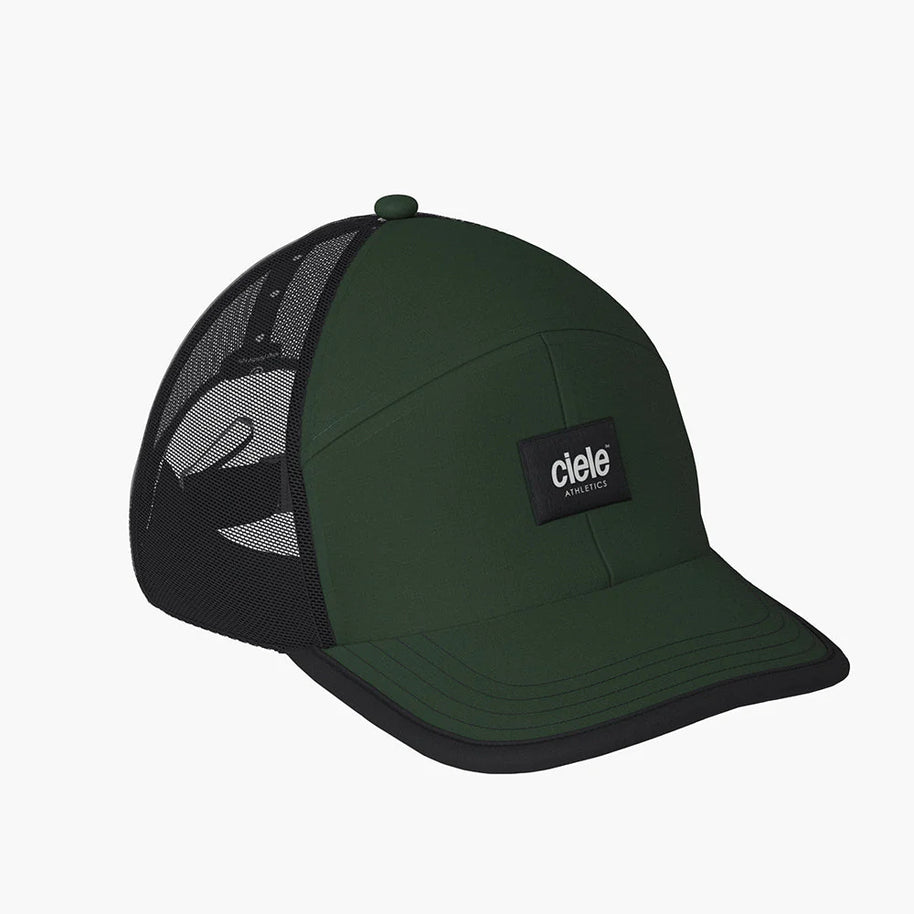 TRKCap SC - Box by Ciele in dark green and black with curved brim, pinched crown, and COOLmatic 3D air mesh for running and outdoor use in Canada