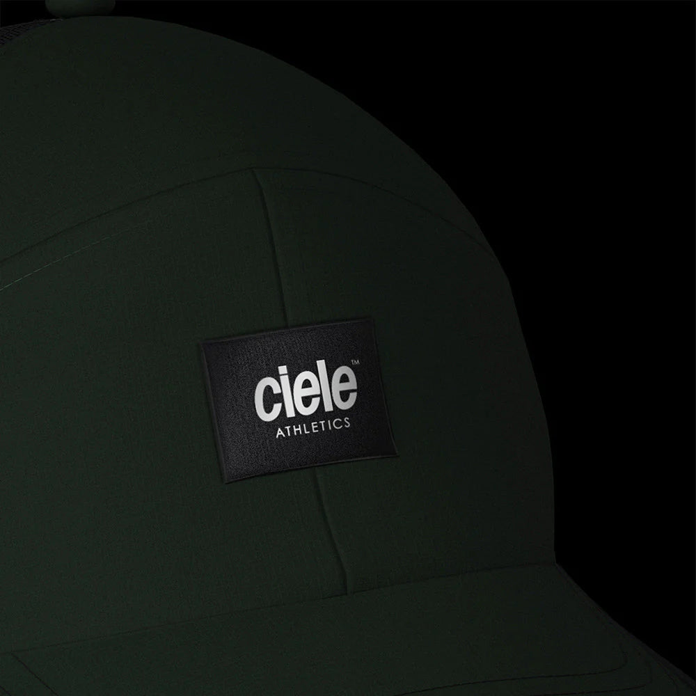 TRKCap SC - Box by Ciele in dark green with pinched crown and curved brim, technical trucker cap for running and outdoor use in Canada