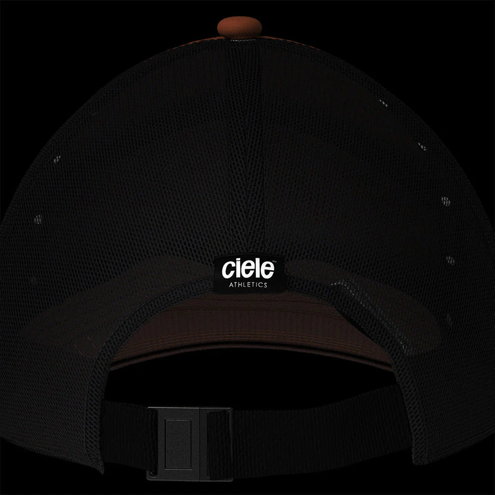 TRKCap SC - Box by Ciele in black and brown, technical trucker cap with curved brim and COOLmatic 3D air mesh for running and outdoor use