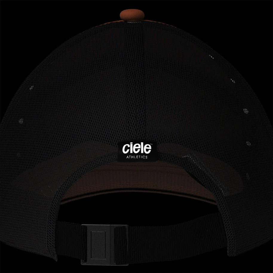 TRKCap SC - Box by Ciele in black and brown, technical trucker cap with curved brim and COOLmatic 3D air mesh for running and outdoor use